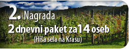 <h2>Kako do 2. nagrade?</h2><p>S sodelovanjem v igri dobiš začetnih 10 točk.</p><p>Dodatne pa si zagotoviš tako, da k sodelovanju povabiš svoje prijatelje. Vsak, ki se odzove na povabilo, ti prinese dodatnih 20 točk. In že si bližje nagradi!</p> 2. nagrada